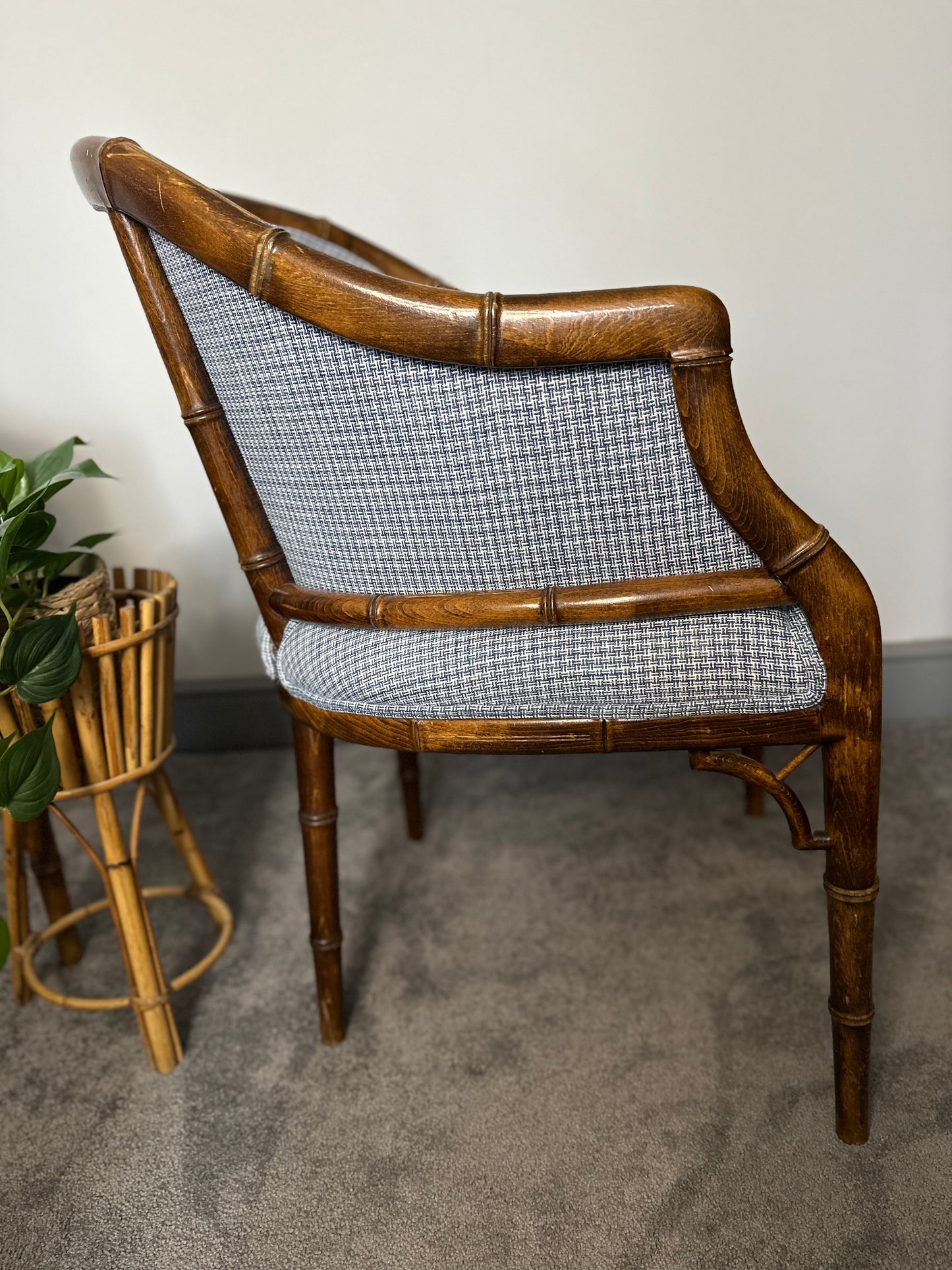 Pair of Vintage Reupholstered Faux Bamboo chairs