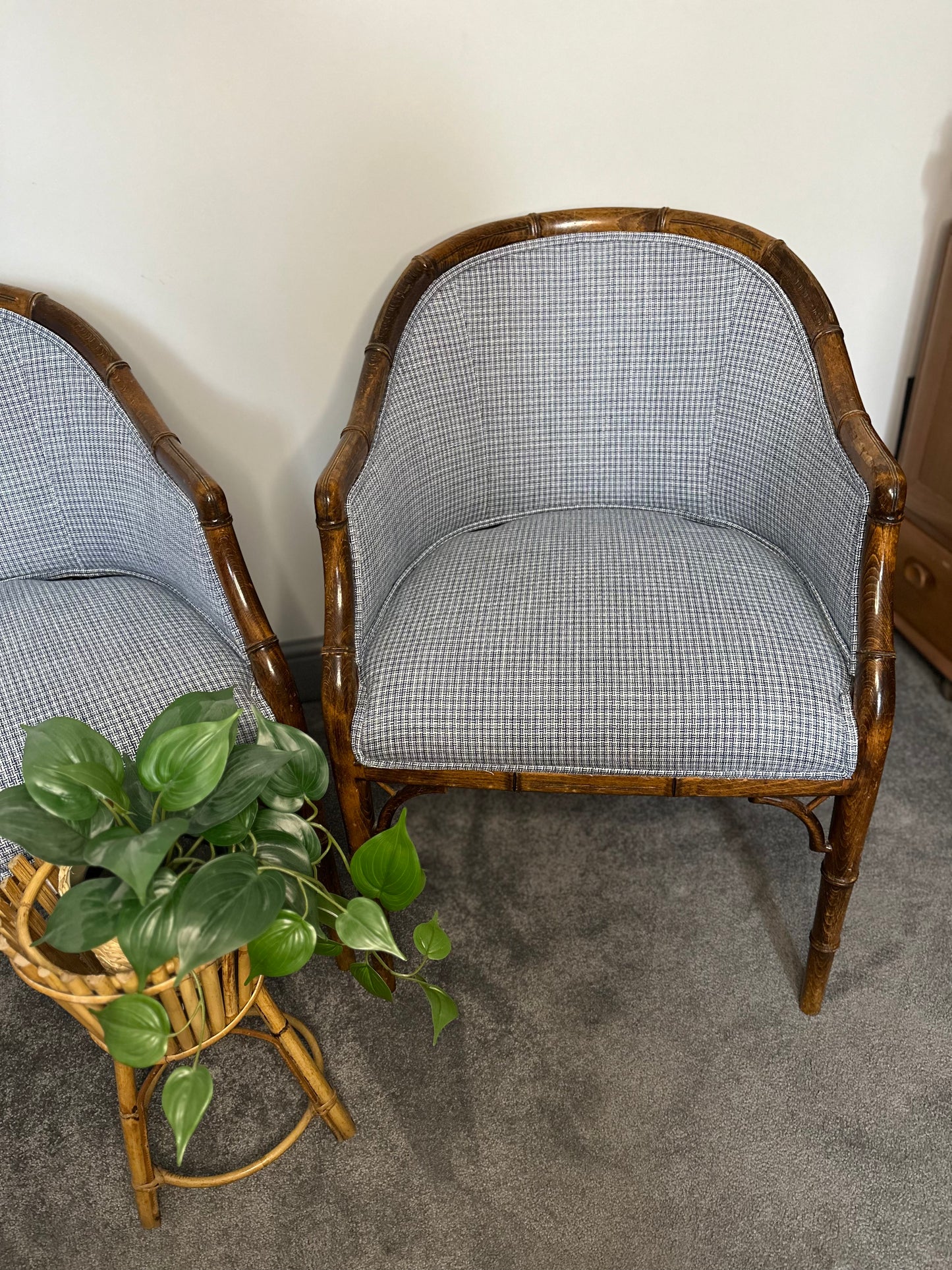 Pair of Vintage Reupholstered Faux Bamboo chairs