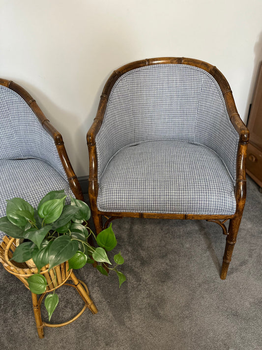 Pair of Vintage Reupholstered Faux Bamboo chairs