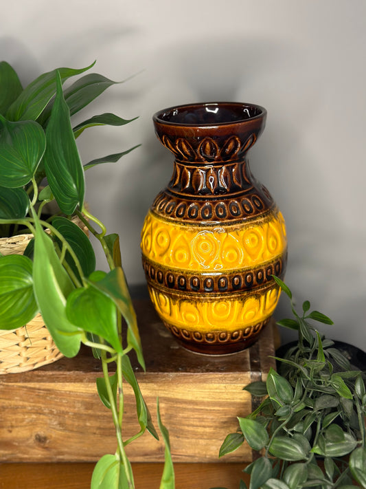 West German Mid Century small Bay keramik fat lava yellow & brown 20cm high
