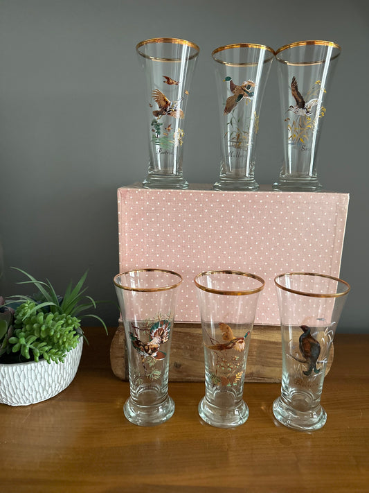 Set of 6  boxed bird themed Mid Century glasses
