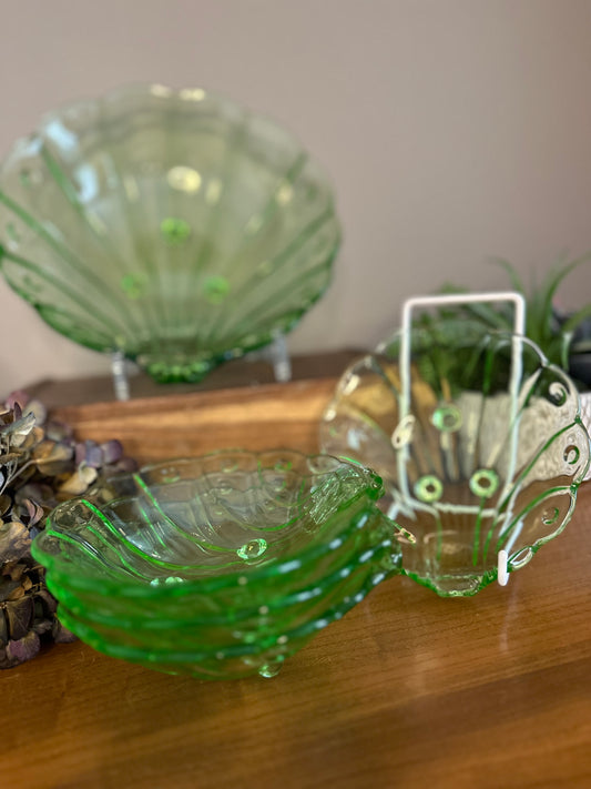 Uranium glass large scallop dish & 4 side dish set