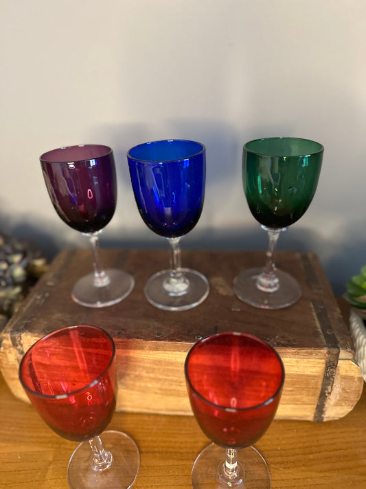 Set of 5 Handmade harlequin coloured glasses