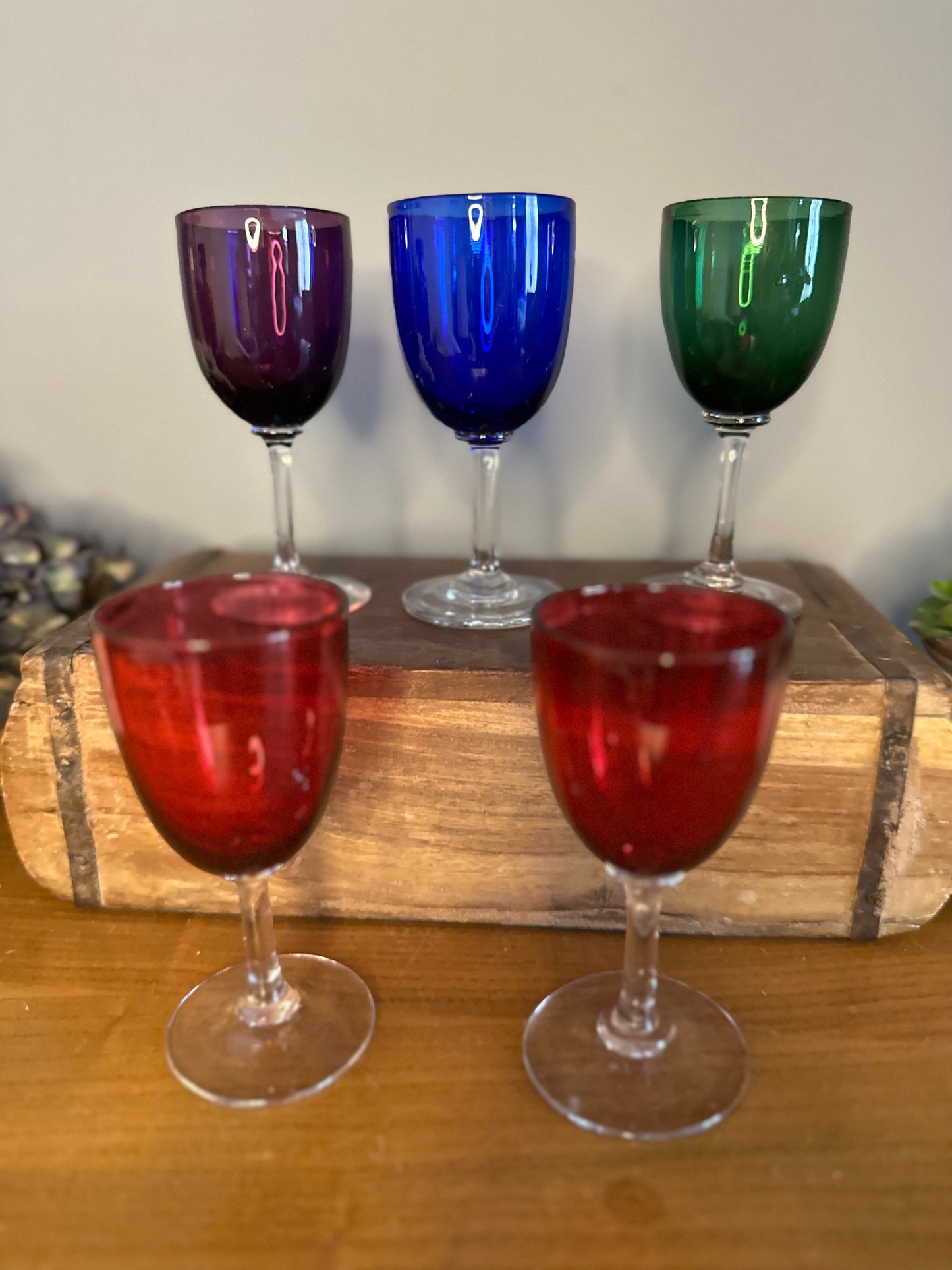 Set of 5 Handmade harlequin coloured glasses