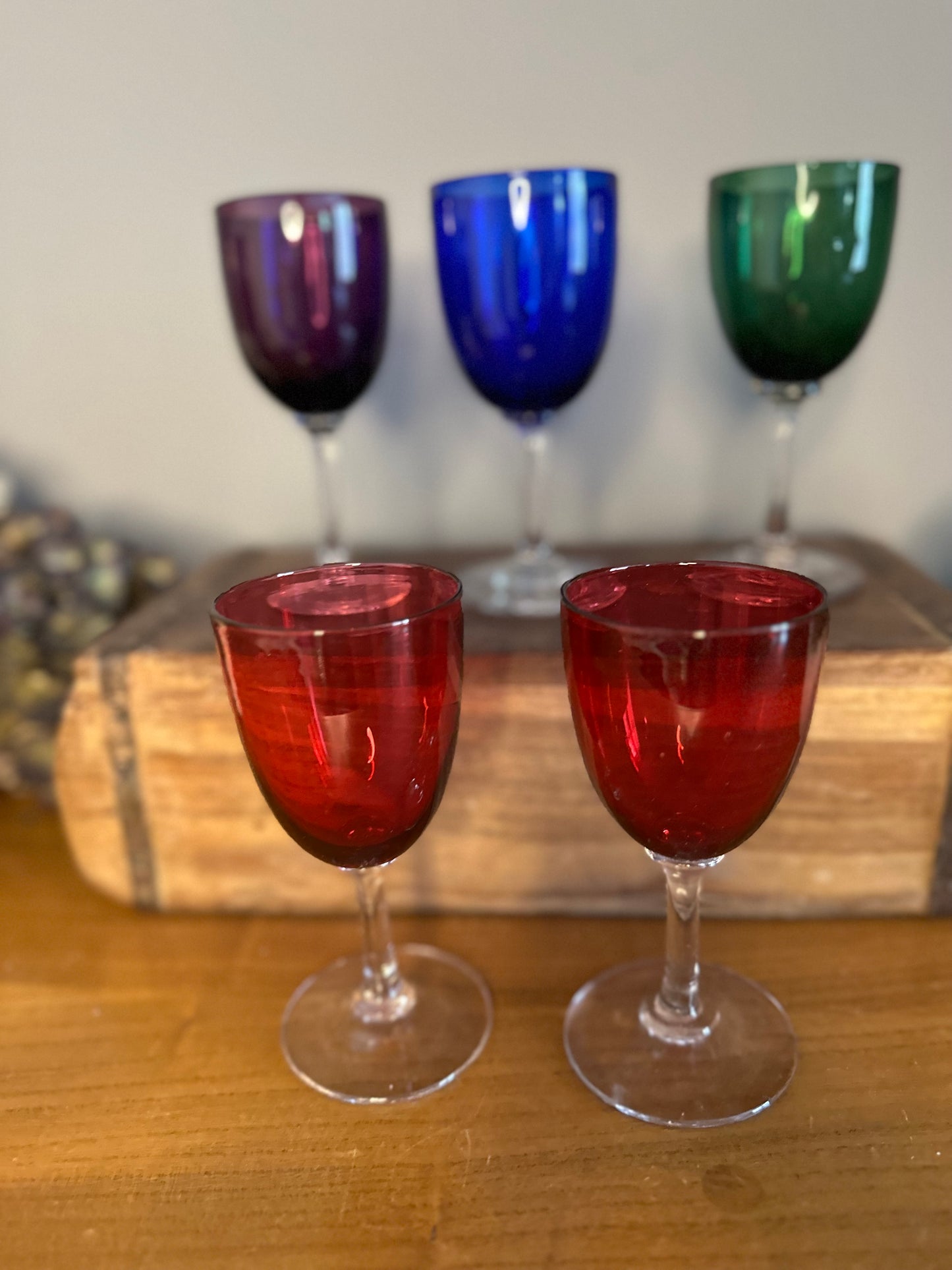 Set of 5 Handmade harlequin coloured glasses