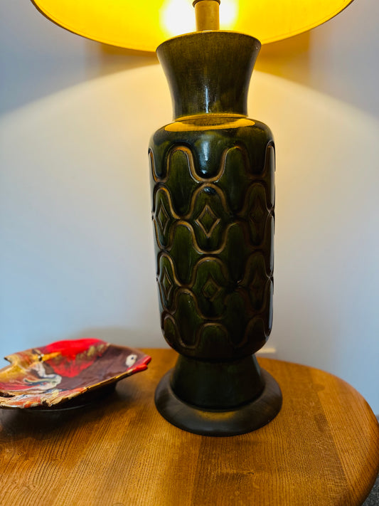 Large Mid century olive green table lamp & original shade