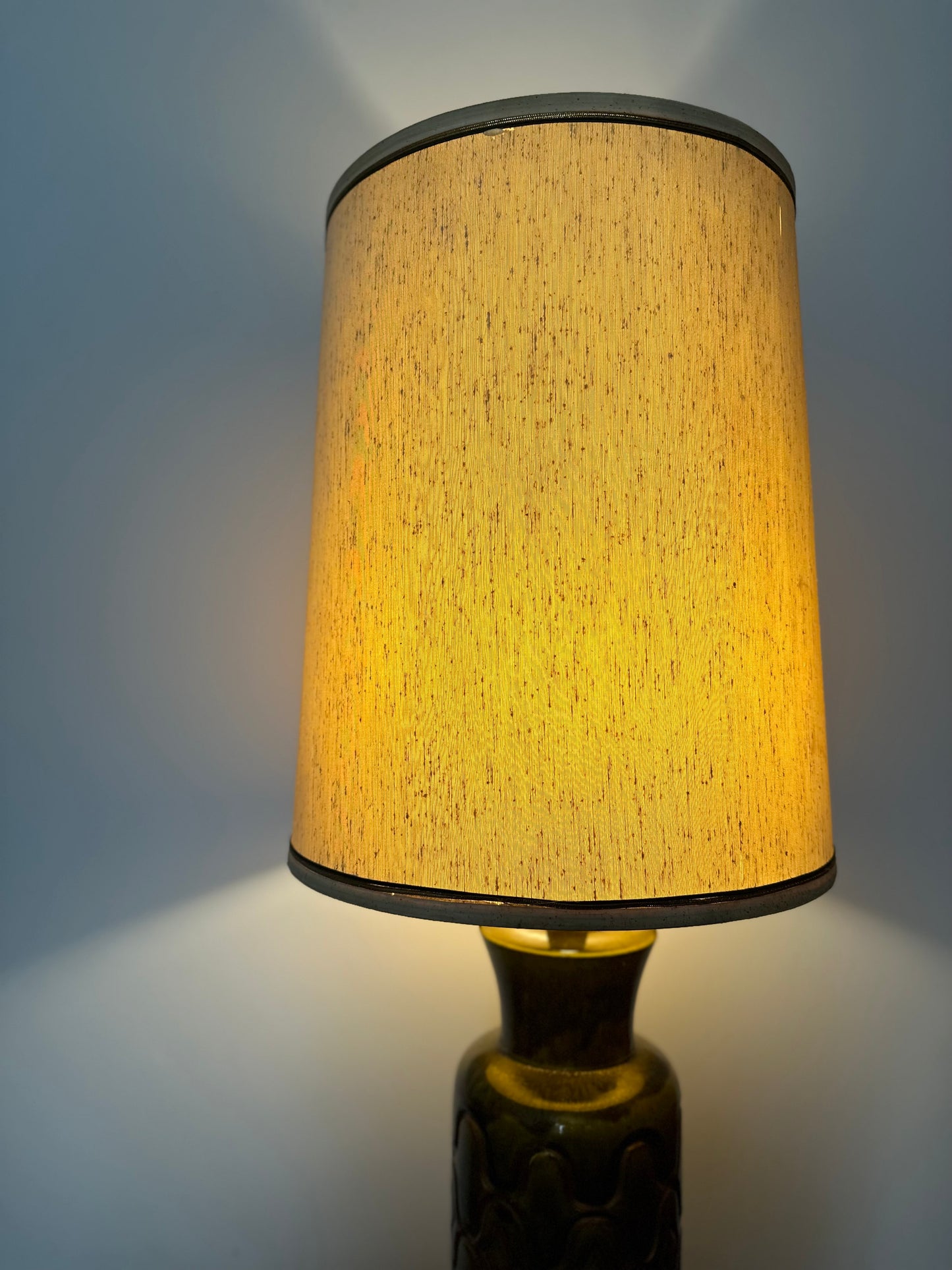 Large Mid century olive green table lamp & original shade