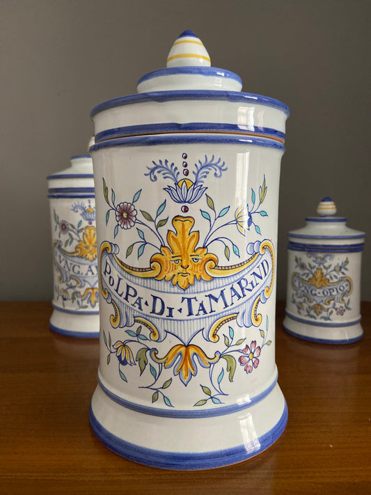 Italian Majolica glazed apothecary storage jars and covers