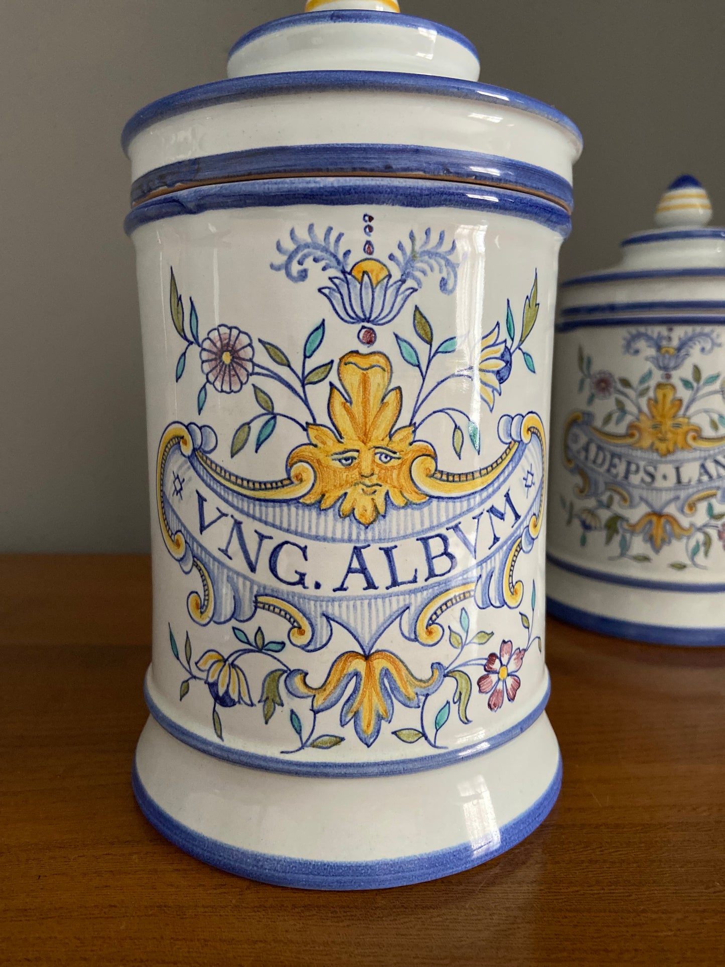 Italian Majolica glazed apothecary storage jars and covers