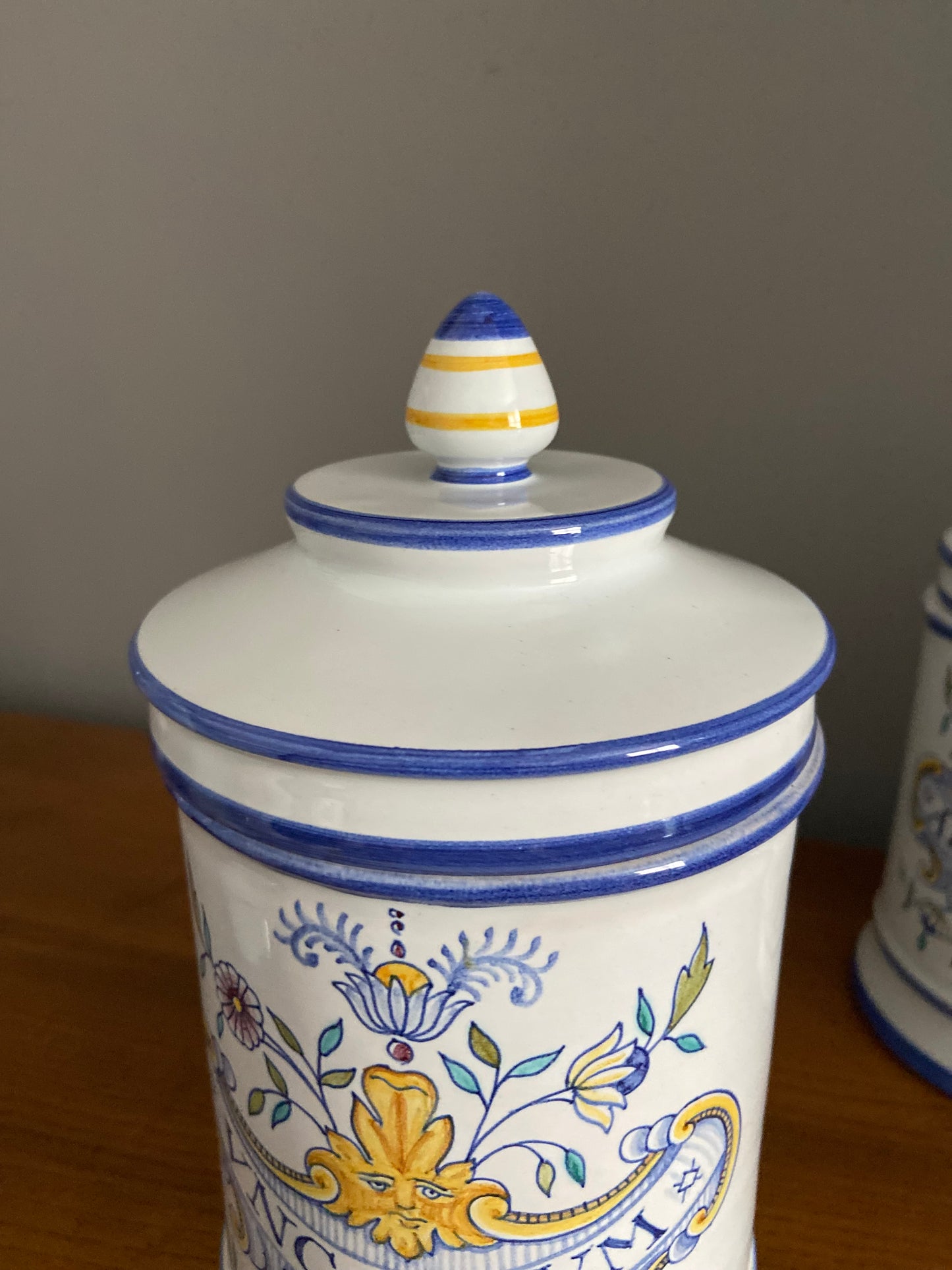 Italian Majolica glazed apothecary storage jars and covers