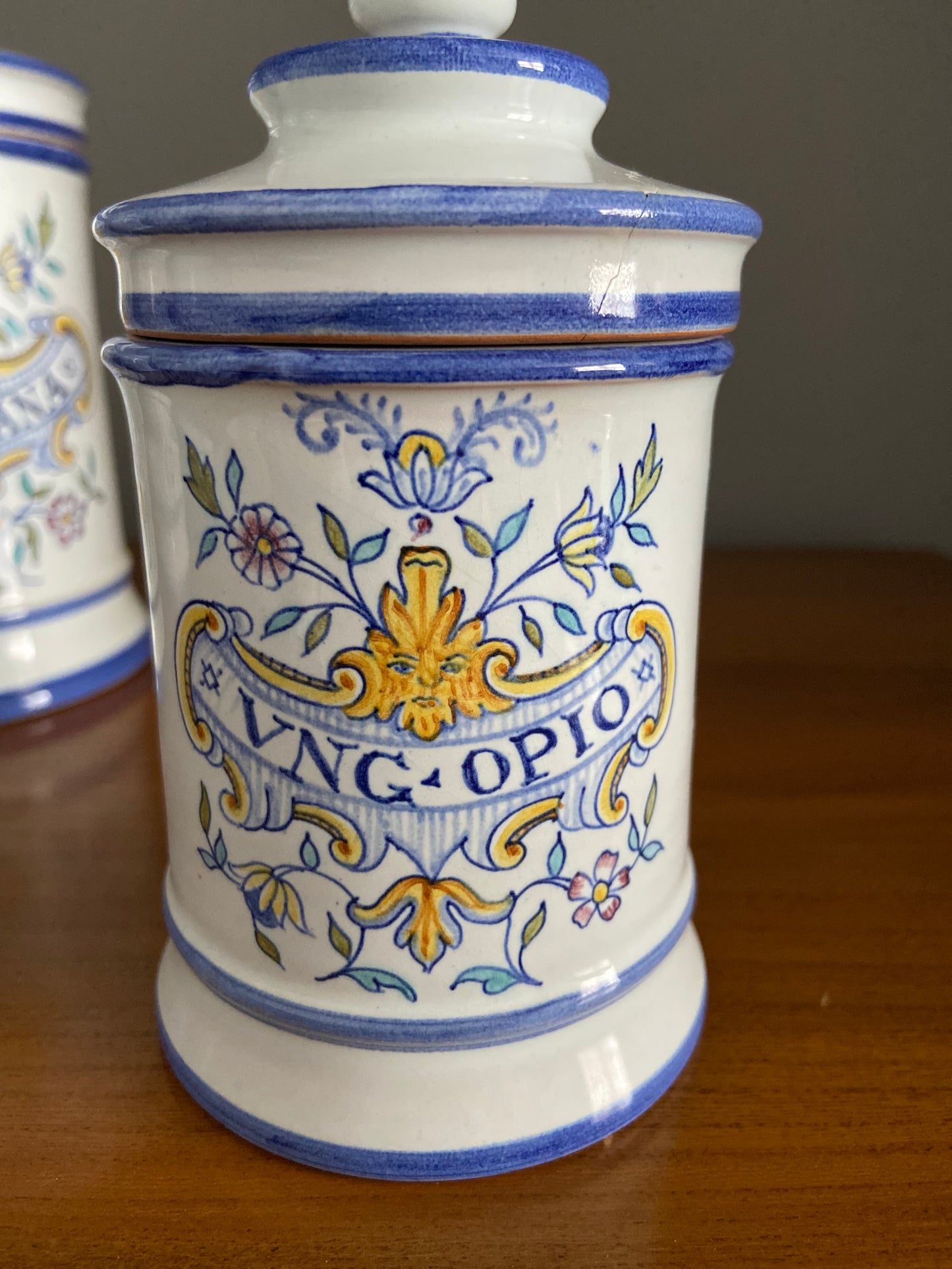 Italian Majolica glazed apothecary storage jars and covers