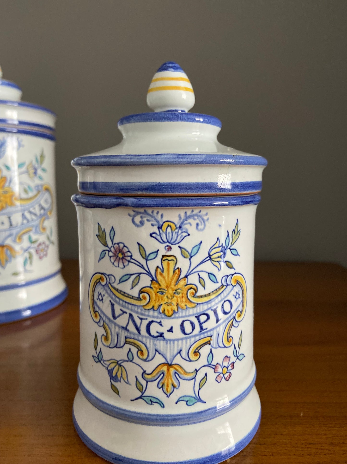 Italian Majolica glazed apothecary storage jars and covers