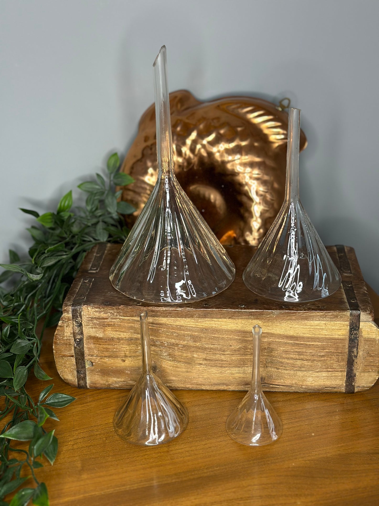 Set of 4 Antique hand blown fluted apothecary funnels