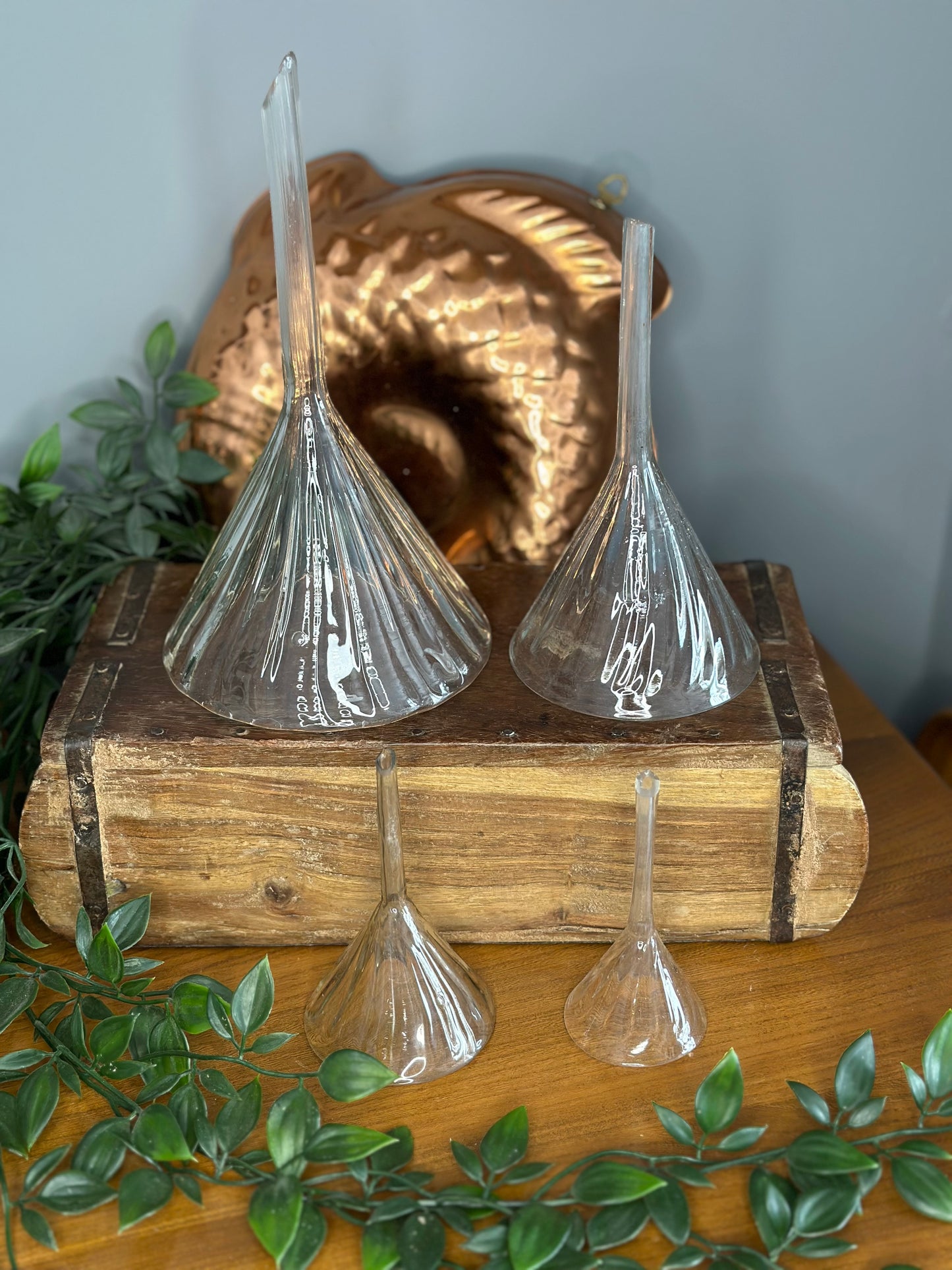 Set of 4 Antique hand blown fluted apothecary funnels