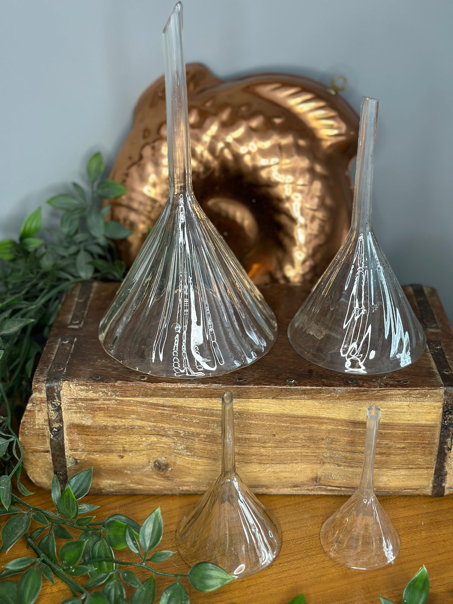 Set of 4 Antique hand blown fluted apothecary funnels