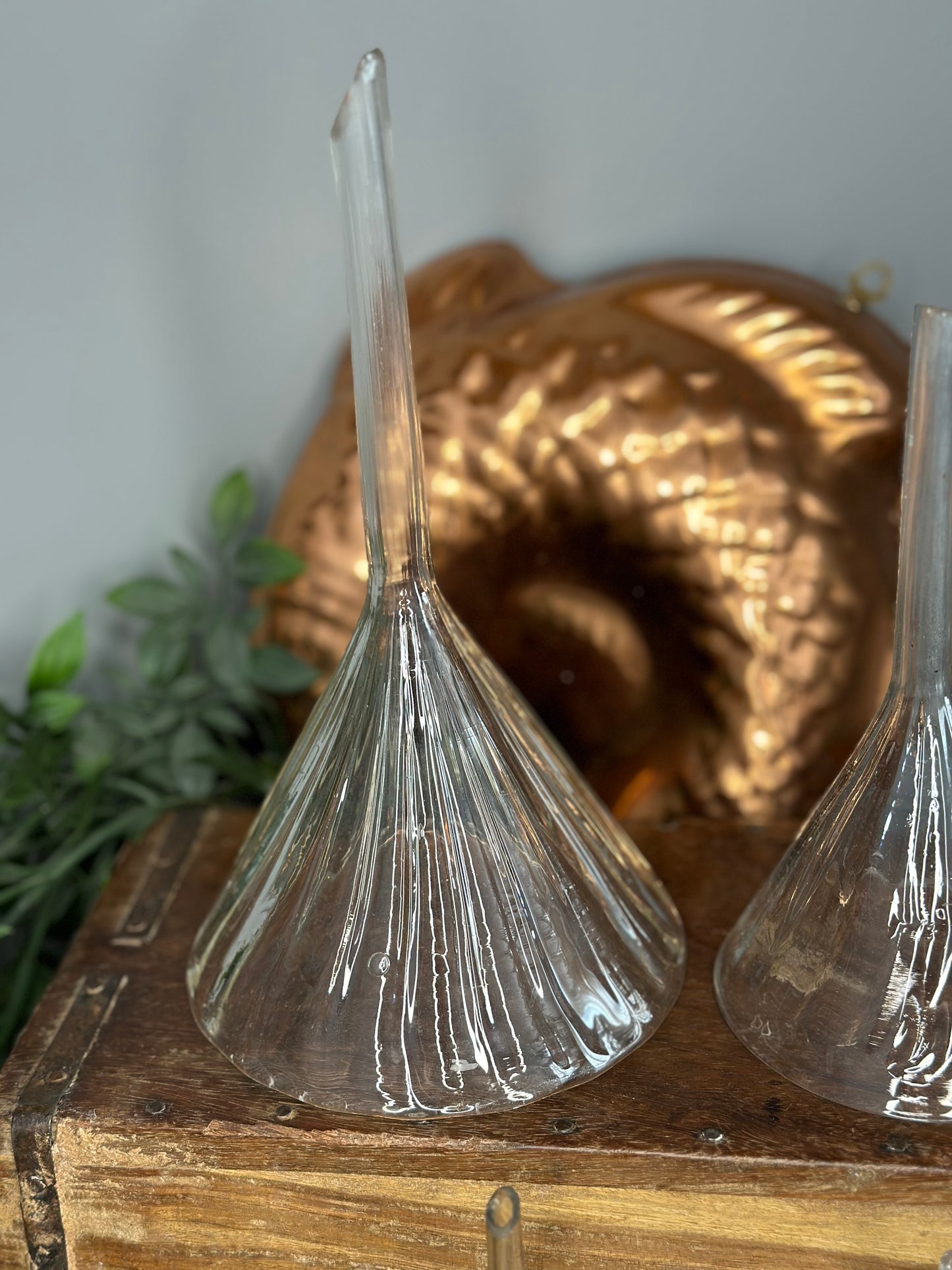Set of 4 Antique hand blown fluted apothecary funnels