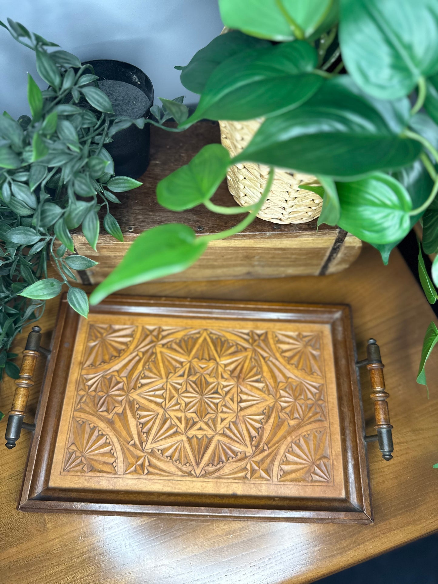 Vintage carved 2 handled wooden tray