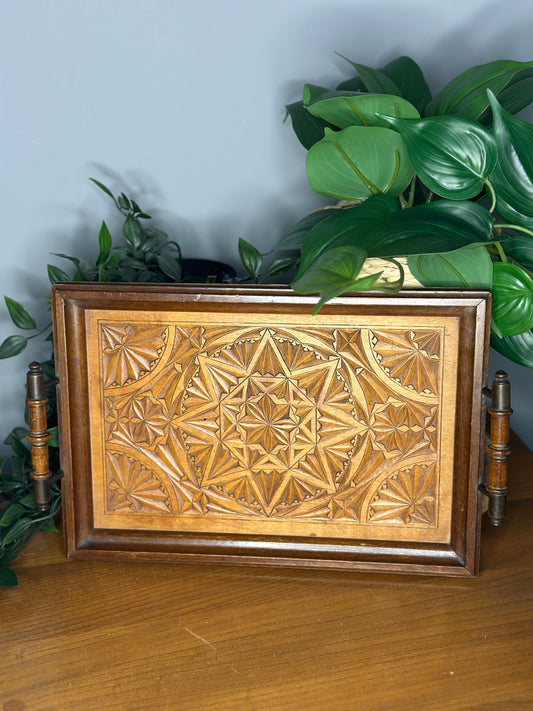 Vintage carved 2 handled wooden tray