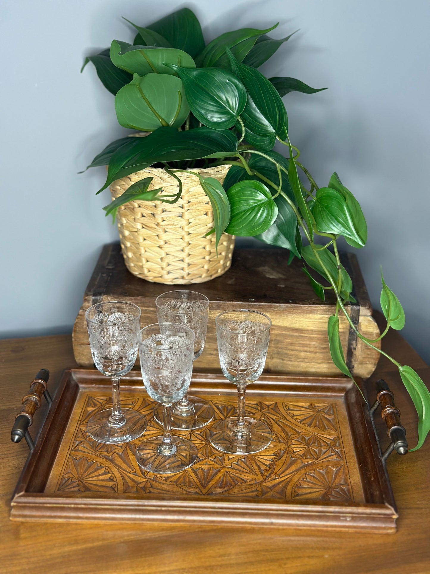 Vintage carved 2 handled wooden tray
