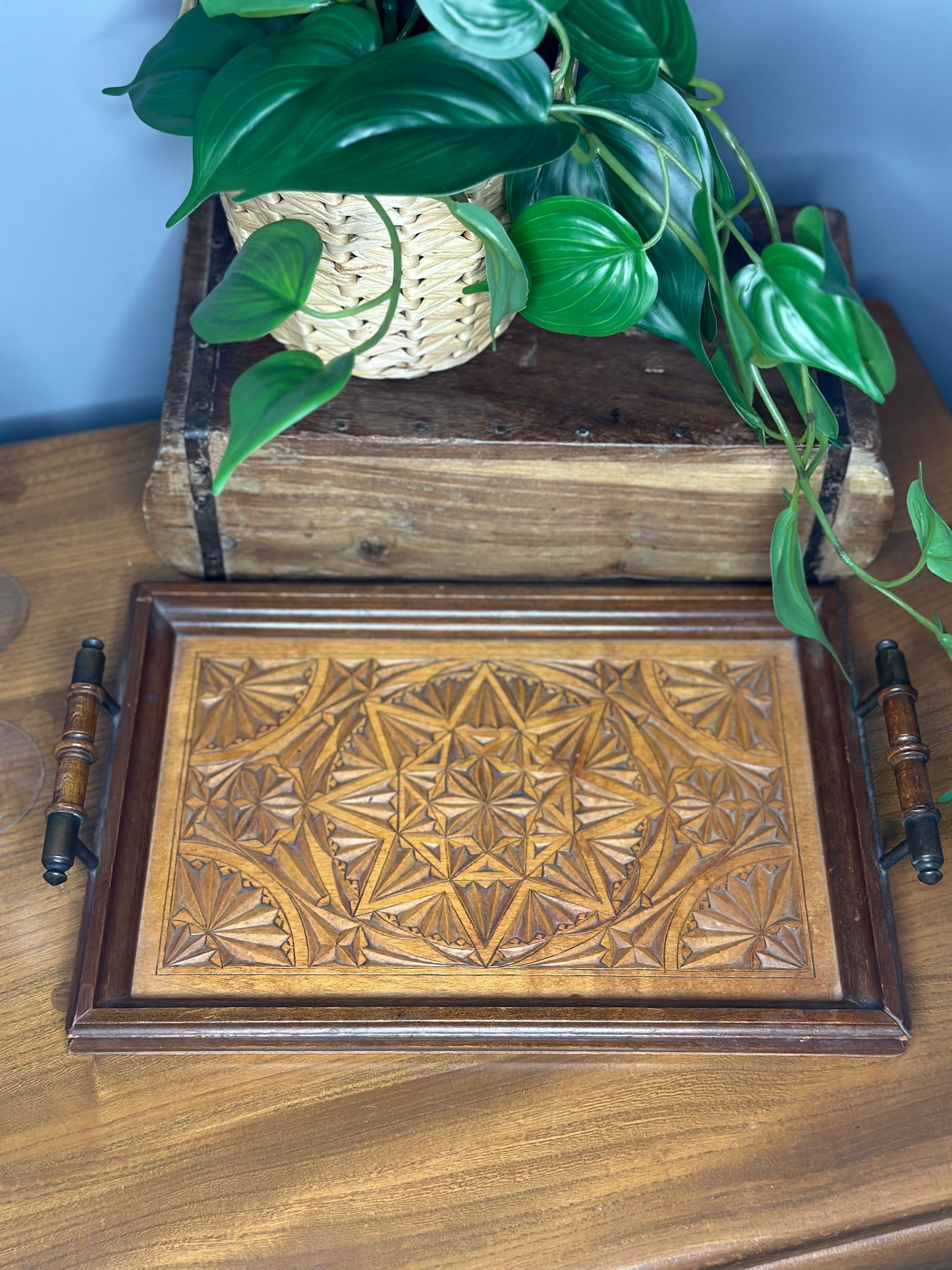 Vintage carved 2 handled wooden tray