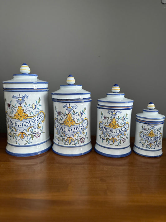 Italian Majolica glazed apothecary storage jars and covers