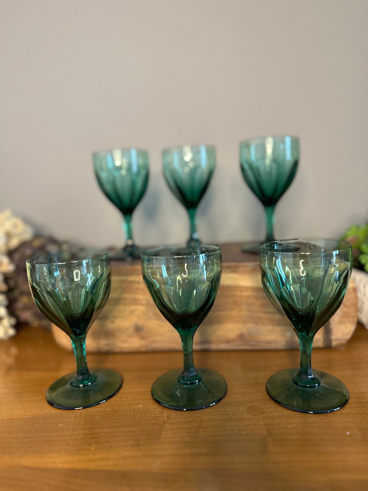 Set of 6 Antique 19th Century green slice cut wine glasses