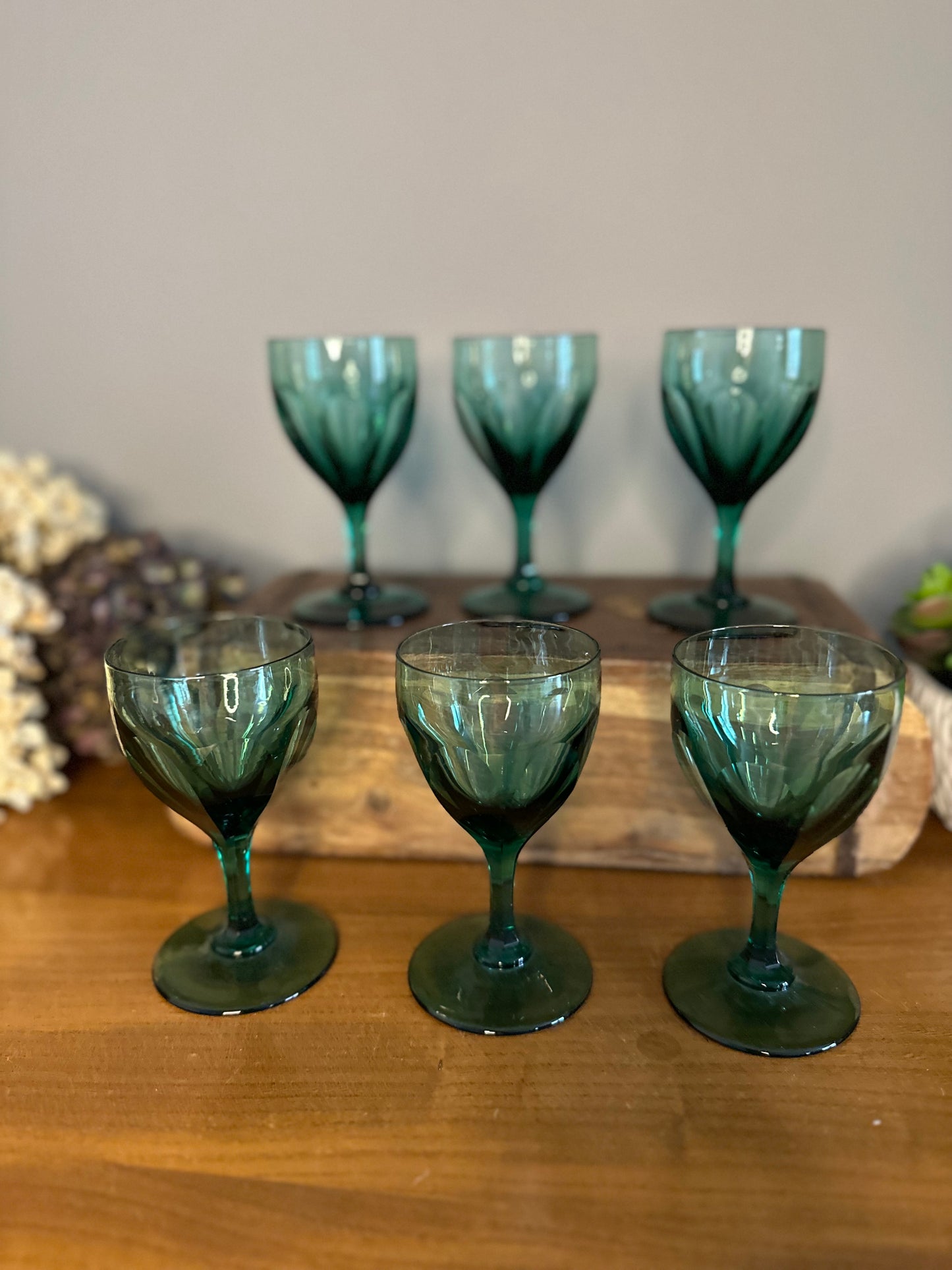 Set of 6 Antique 19th Century green slice cut wine glasses