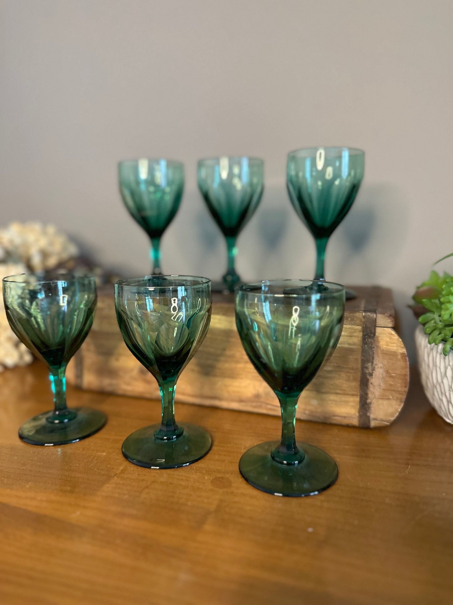 Set of 6 Antique 19th Century green slice cut wine glasses