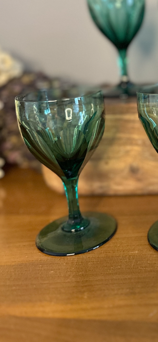 Set of 6 Antique 19th Century green slice cut wine glasses