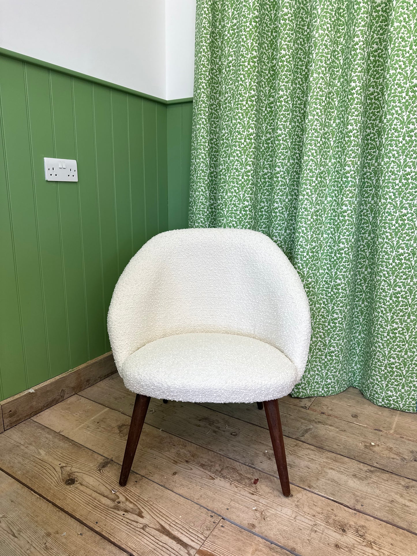 Mid Century reupholstered cream boucle chair