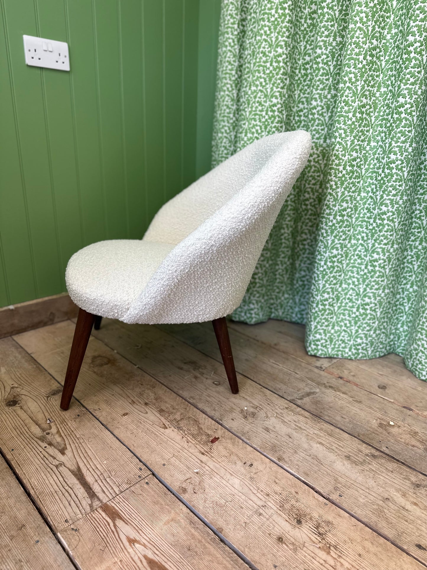 Mid Century reupholstered cream boucle chair