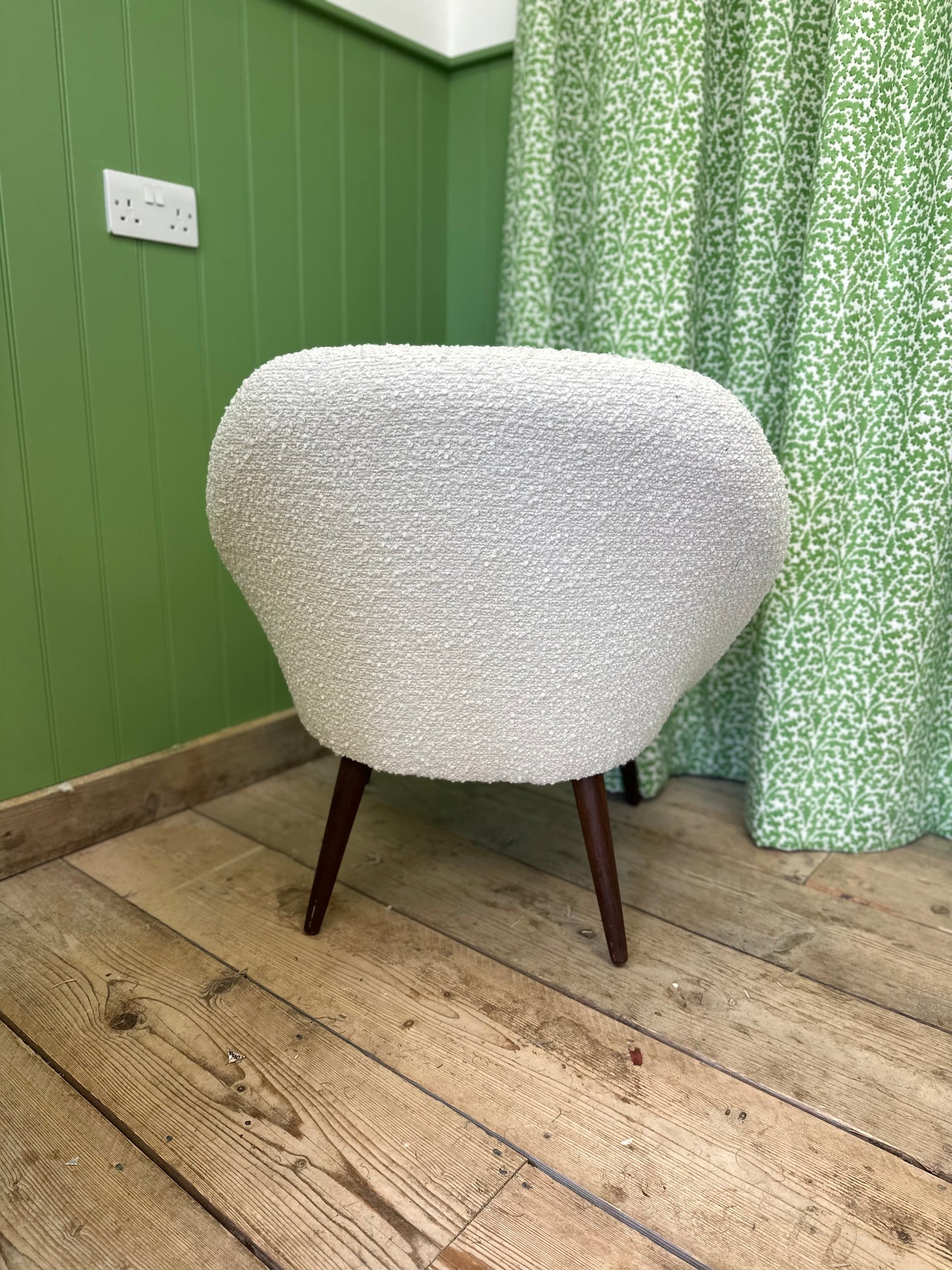 Mid Century reupholstered cream boucle chair