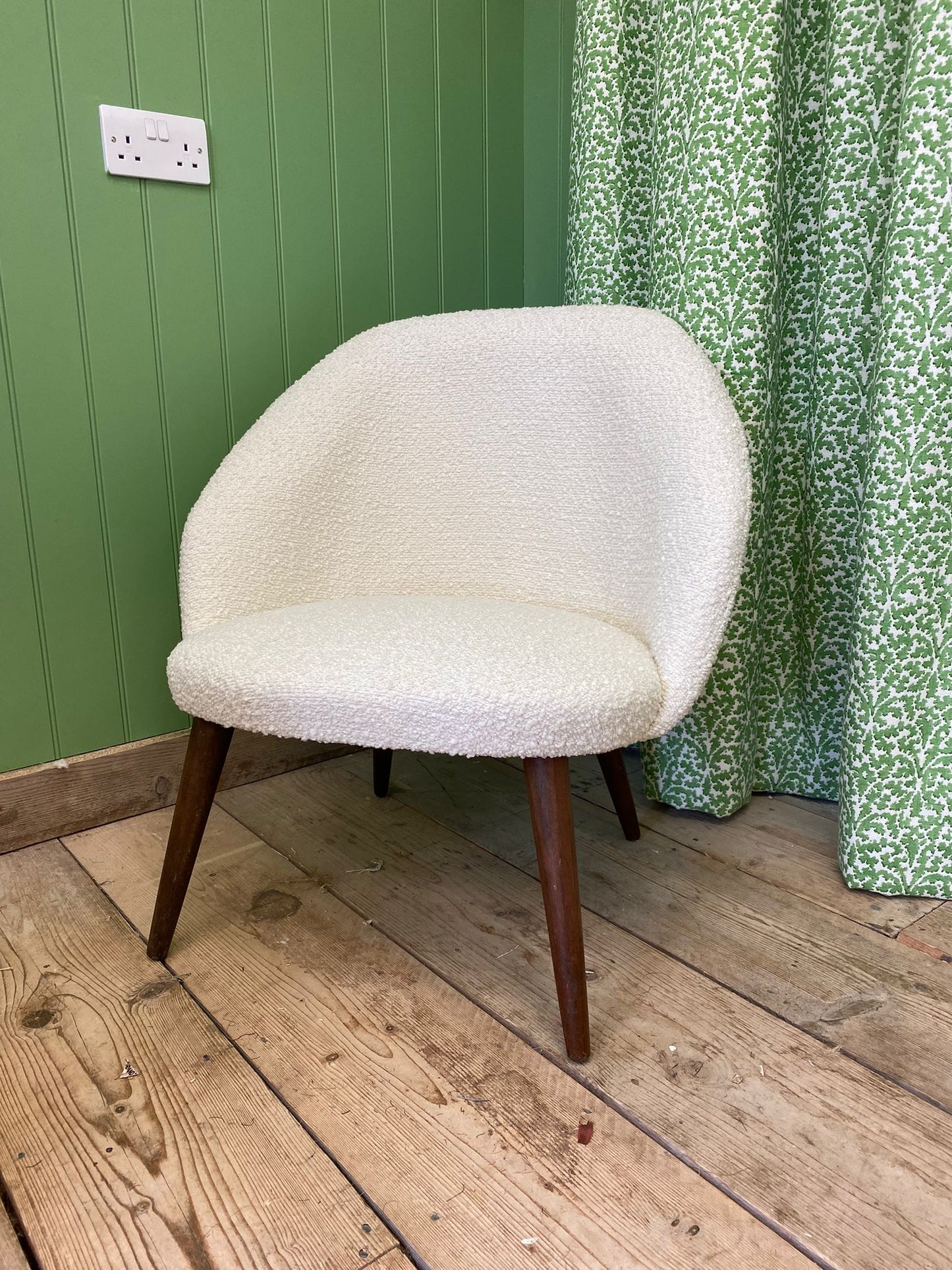 Mid Century reupholstered cream boucle chair