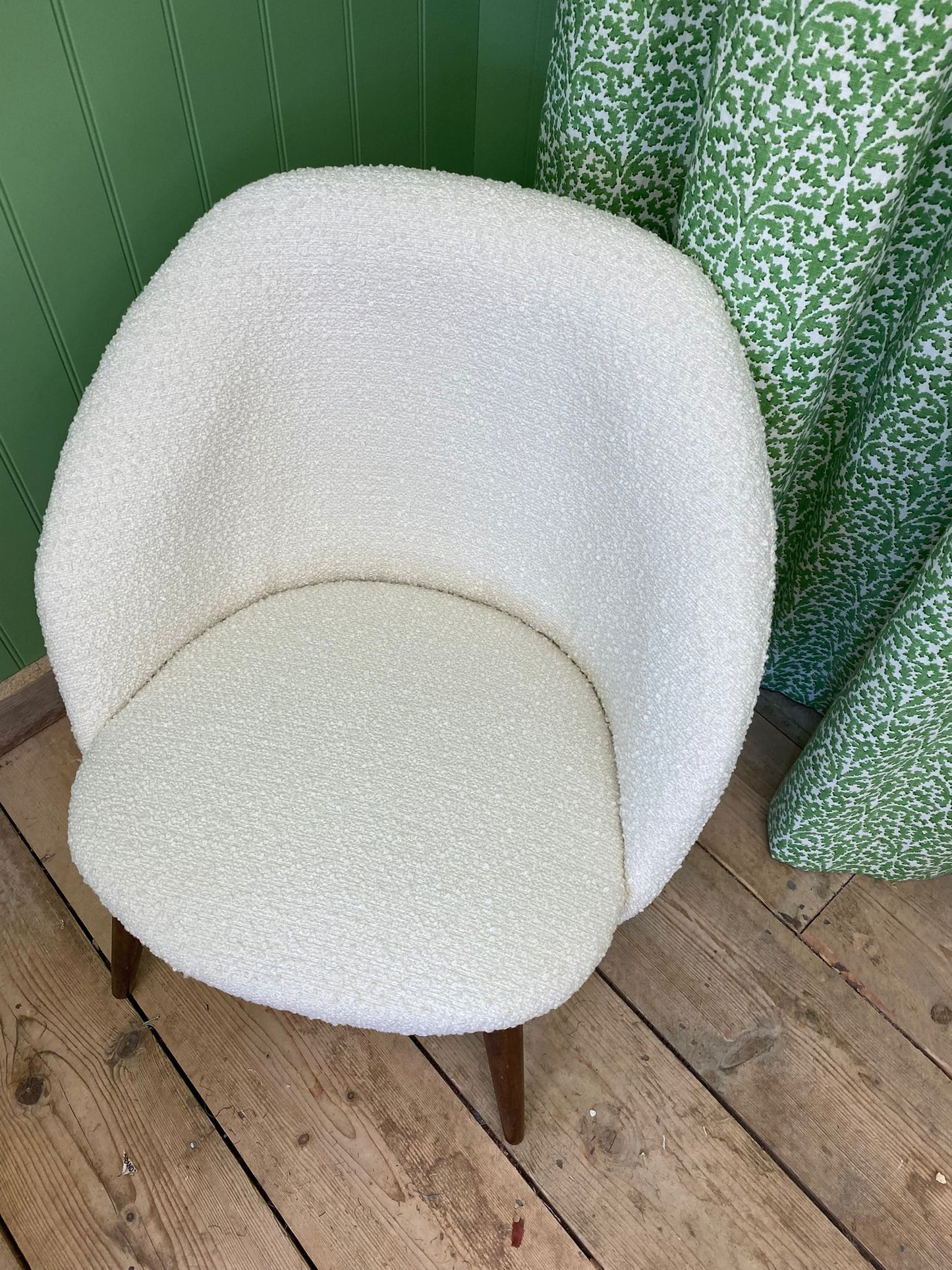 Mid Century reupholstered cream boucle chair