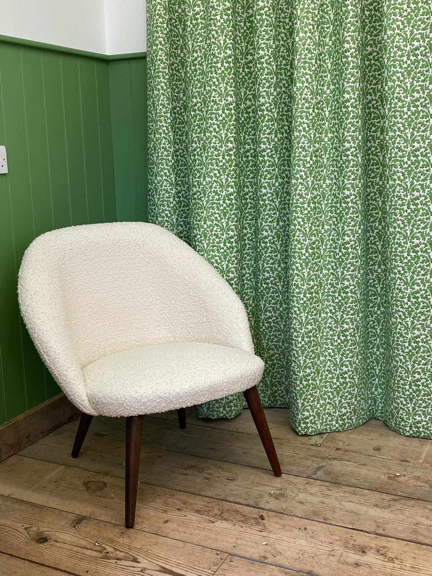 Mid Century reupholstered cream boucle chair