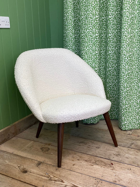 Mid Century reupholstered cream boucle chair