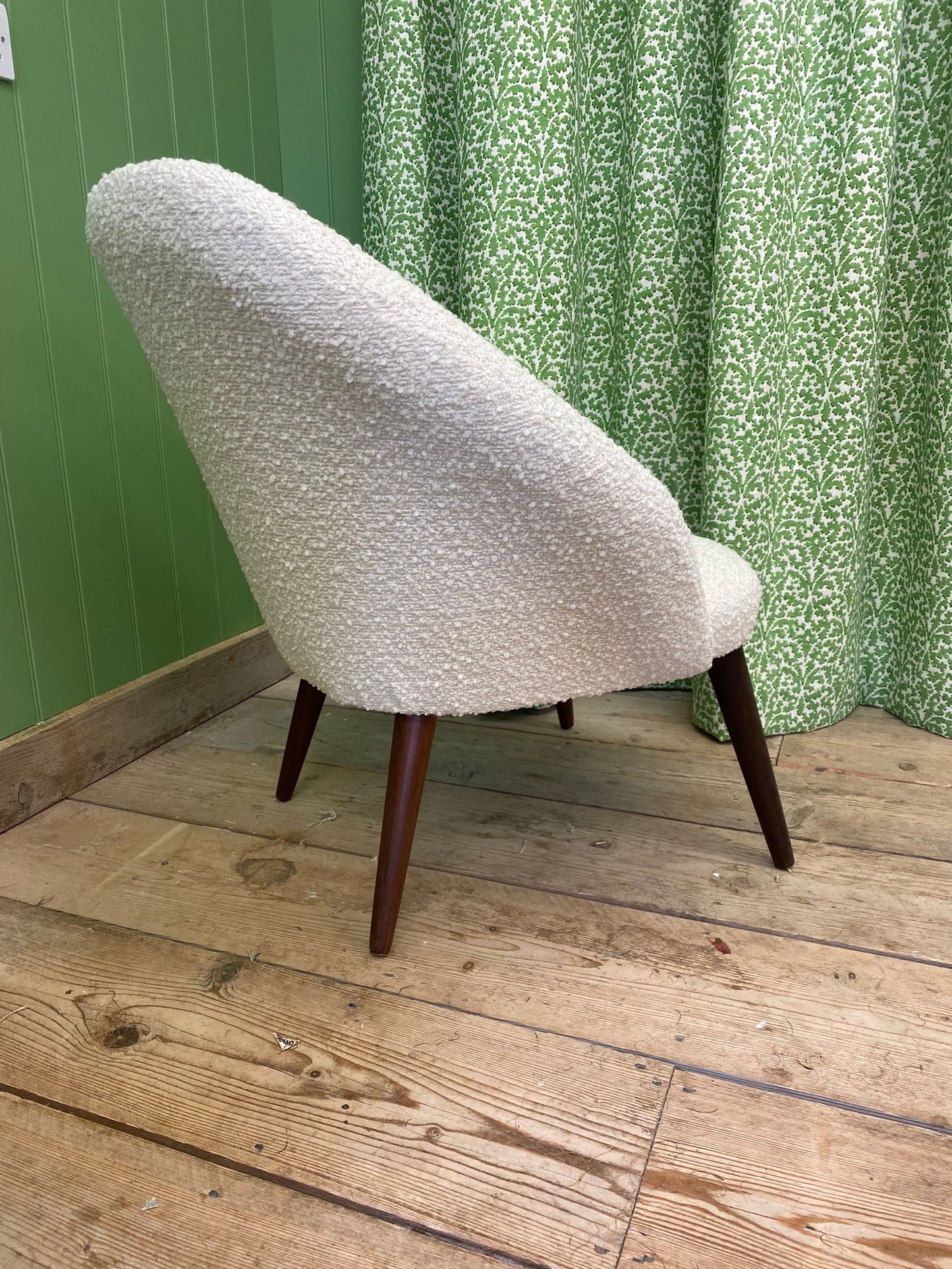 Mid Century reupholstered cream boucle chair