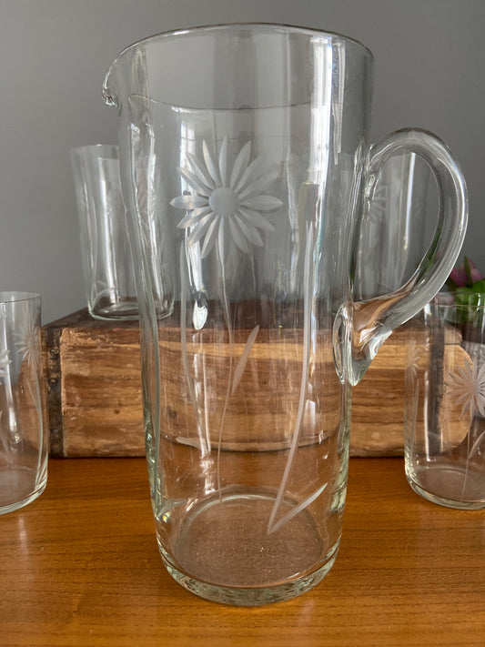 Mid century etched lemonade jug & 6 glasses set