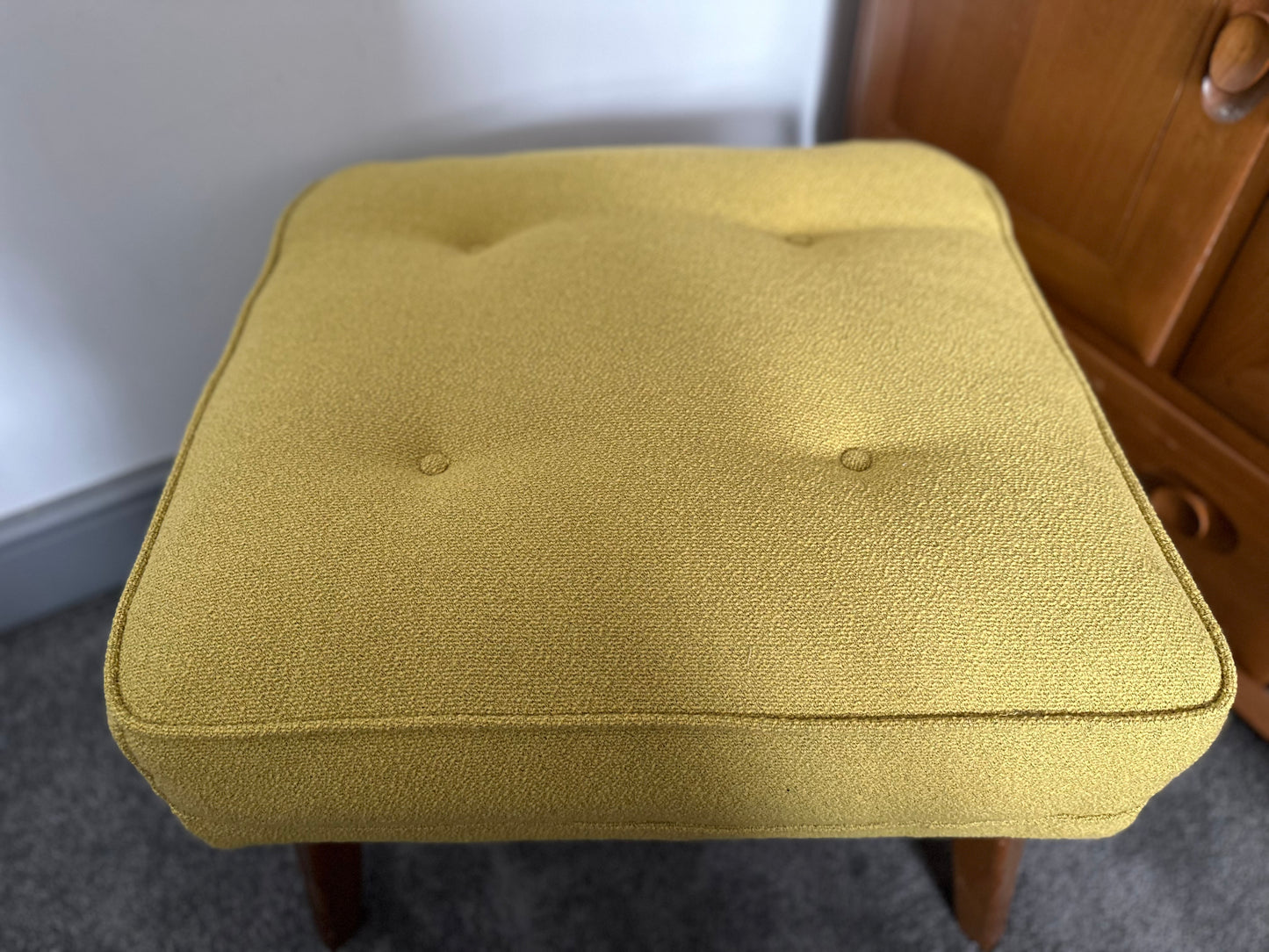 Mid Century G Plan Reupholstered sprung footstool in Bute mustard Boucle