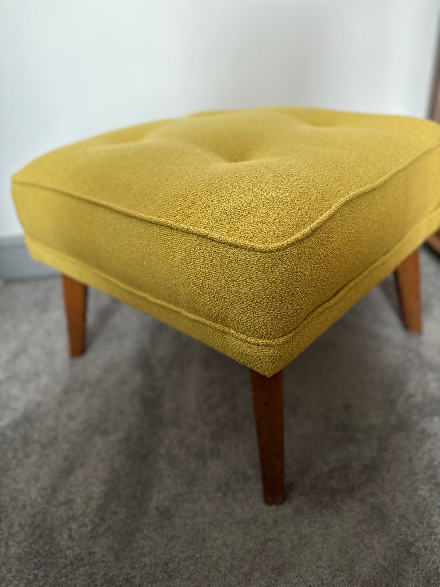 Mid Century G Plan Reupholstered sprung footstool in Bute mustard Boucle