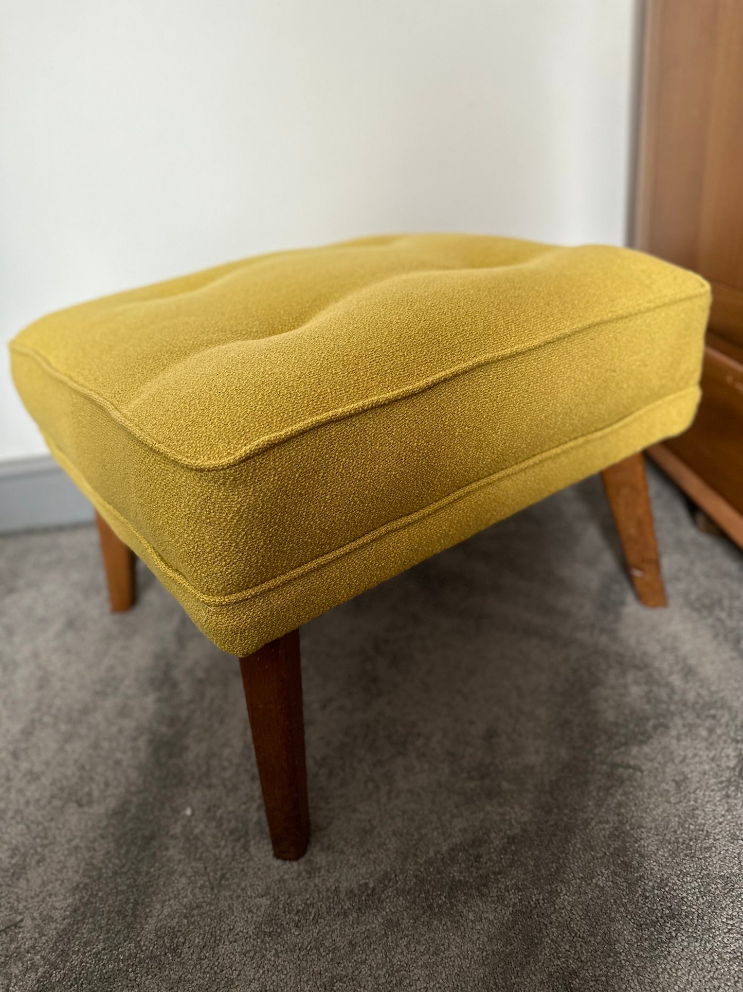 Mid Century G Plan Reupholstered sprung footstool in Bute mustard Boucle